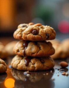 Close-up of soft and chewy protein cookies, filled with nuts and seeds for added nutrition.