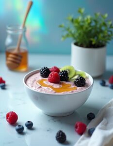 A smooth and creamy protein pudding in a bowl, garnished with fresh strawberries and a touch of honey for added sweetness.
