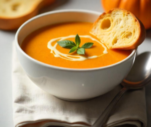 Warm homemade pumpkin recipe soup in a simple white porcelain bowl, served with a slice of toasted brioche, drizzled with olive oil, placed on a linen napkin, bright, airy studio lighting.