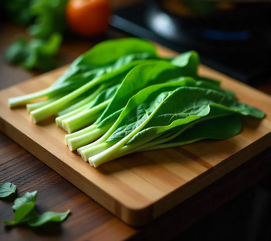 Fresh water spinach leaves arranged neatly on a bamboo wooden cutting board, ready to be cooked, placed next to a wok with cooking utensils, vibrant and colorful food photography, warm indoor lighting, winter evening.