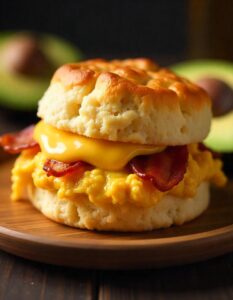 Close-up of a warm Bacon, Egg, and Cheese Biscuit, showcasing the layers of savory bacon, scrambled egg, and melted cheese.