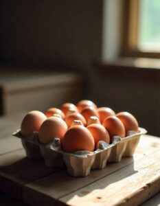 Fresh eggs in a carton, ready for cooking.