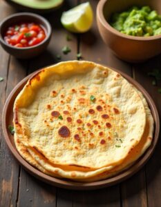 "Golden brown homemade flour tortilla being served with a side of salsa and guacamole."