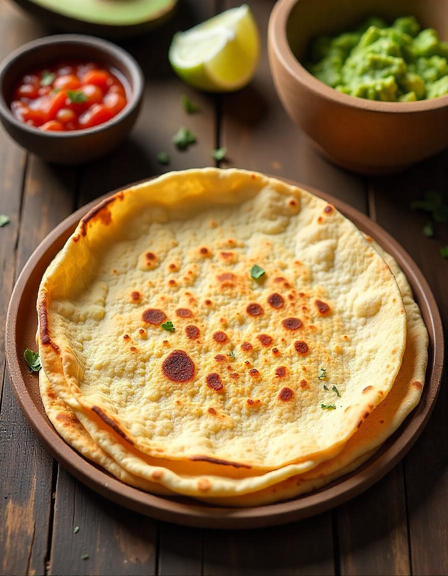 "Golden brown homemade flour tortilla being served with a side of salsa and guacamole."