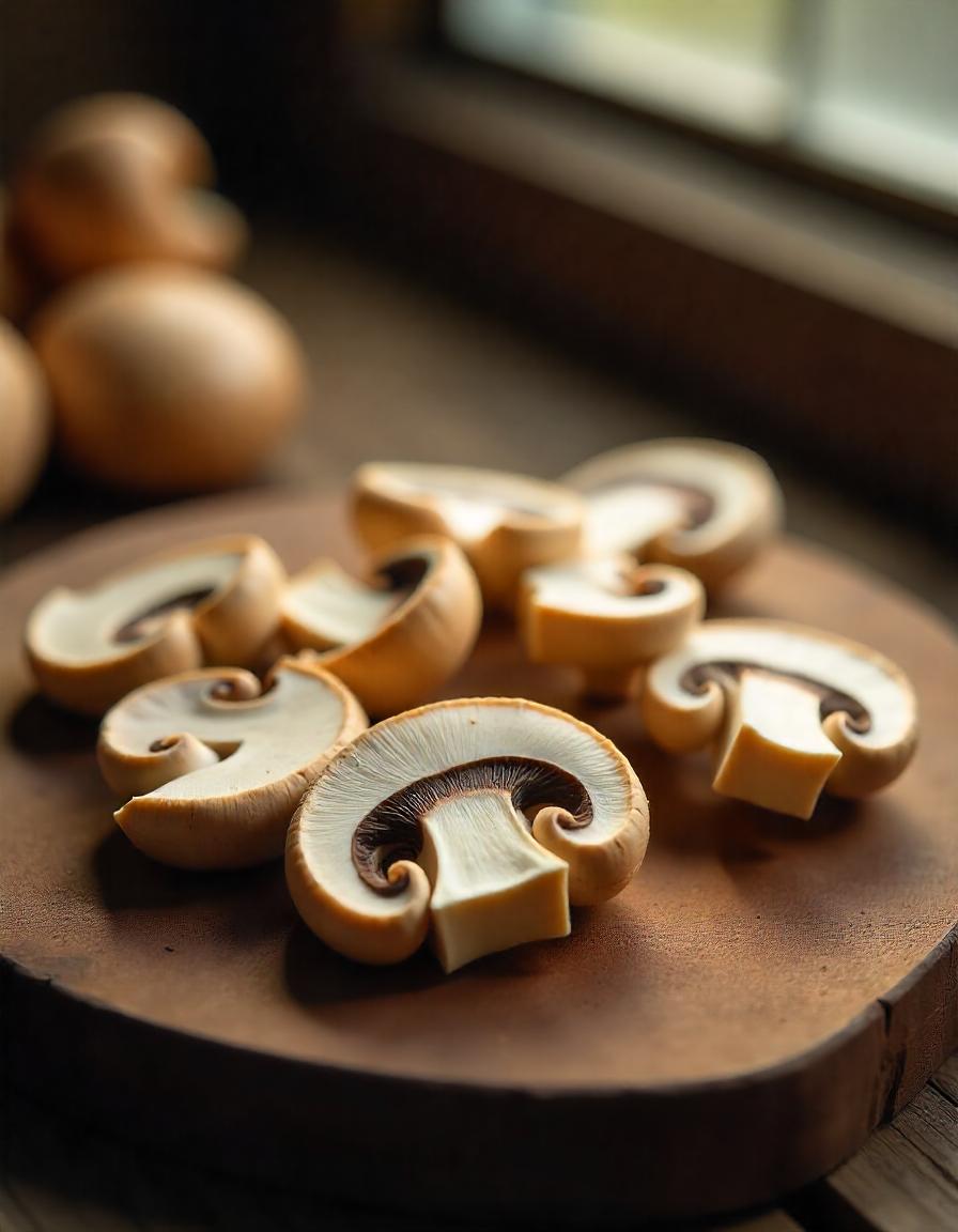 A close-up of sliced mushrooms showing their texture and freshness.