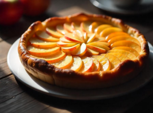 A delicious puff pastry apple tart with a golden, flaky crust and beautifully arranged slices of caramelized apples on top, set on a rustic wooden table in a sunlit kitchen during autumn.
