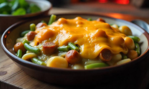 A comforting sausage, green bean, and potato casserole with melted cheddar cheese on top, served in a cozy cabin setting with a roaring fireplace in the background during winter.