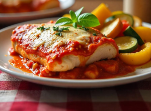 Thin Sliced chicken Breast: served with a side of roasted vegetables, including bell peppers and zucchini, presented on a checkered tablecloth in a cozy home setting.
