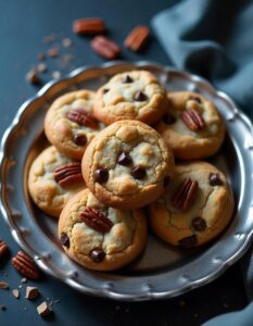 A plate of chocolate chip pecan cookies,