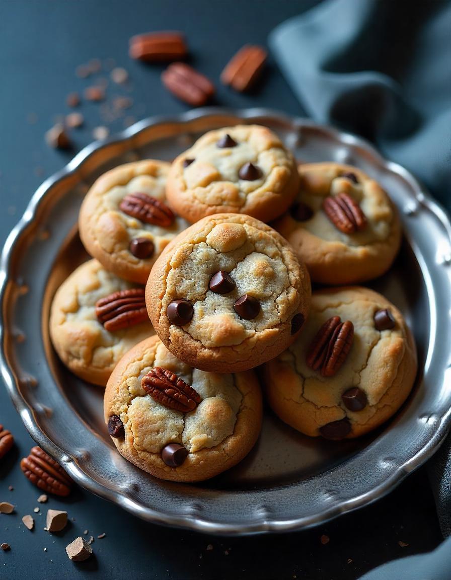 A plate of chocolate chip pecan cookies,