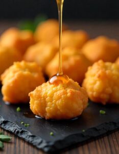 Golden brown crispy corn nuggets served on a white plate with dipping sauce.