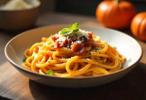 A hearty serving of goat cheese bacon pumpkin pasta, garnished with fresh herbs and a sprinkle of grated cheese for added flavor, presented on a rustic wooden table in a sunlit Italian countryside kitchen during autumn.