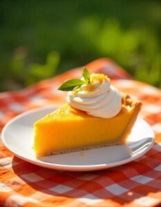 A beautifully cut piece of orange pie showing its smooth, citrusy filling and crisp crust.
