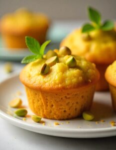 Freshly baked pistachio muffins with a golden brown crust, topped with crushed pistachios
