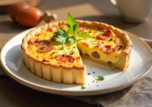 A freshly baked sausage quiche with a rich, savory filling of sausage, eggs, and cheddar cheese, served on a white ceramic plate, garnished with fresh parsley, presented on a rustic wooden table in a sunlit kitchen during a bright spring morning.