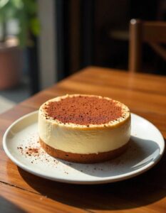Whole tiramisu cheesecake on a plate, decorated with cocoa powder and a dusting of chocolate.