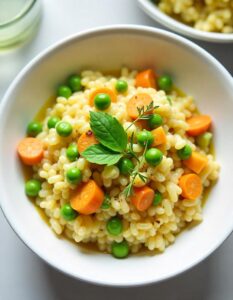 Close-up of a hearty vegetable risotto, featuring a rich, creamy texture and colorful seasonal vegetables.