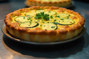 A whole zucchini pie garnished with fresh oregano, sitting on a stainless steel kitchen counter in a bustling restaurant kitchen, ready to be served during a busy lunch service.
