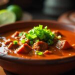 A hearty serving of beef birria, showcasing tender beef chunks in a savory red broth, garnished with fresh herbs and served with lime.