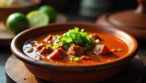 A hearty serving of beef birria, showcasing tender beef chunks in a savory red broth, garnished with fresh herbs and served with lime.