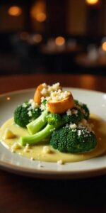 A plate of crispy roasted broccoli tossed in Caesar dressing, garnished with grated Parmesan and croutons.