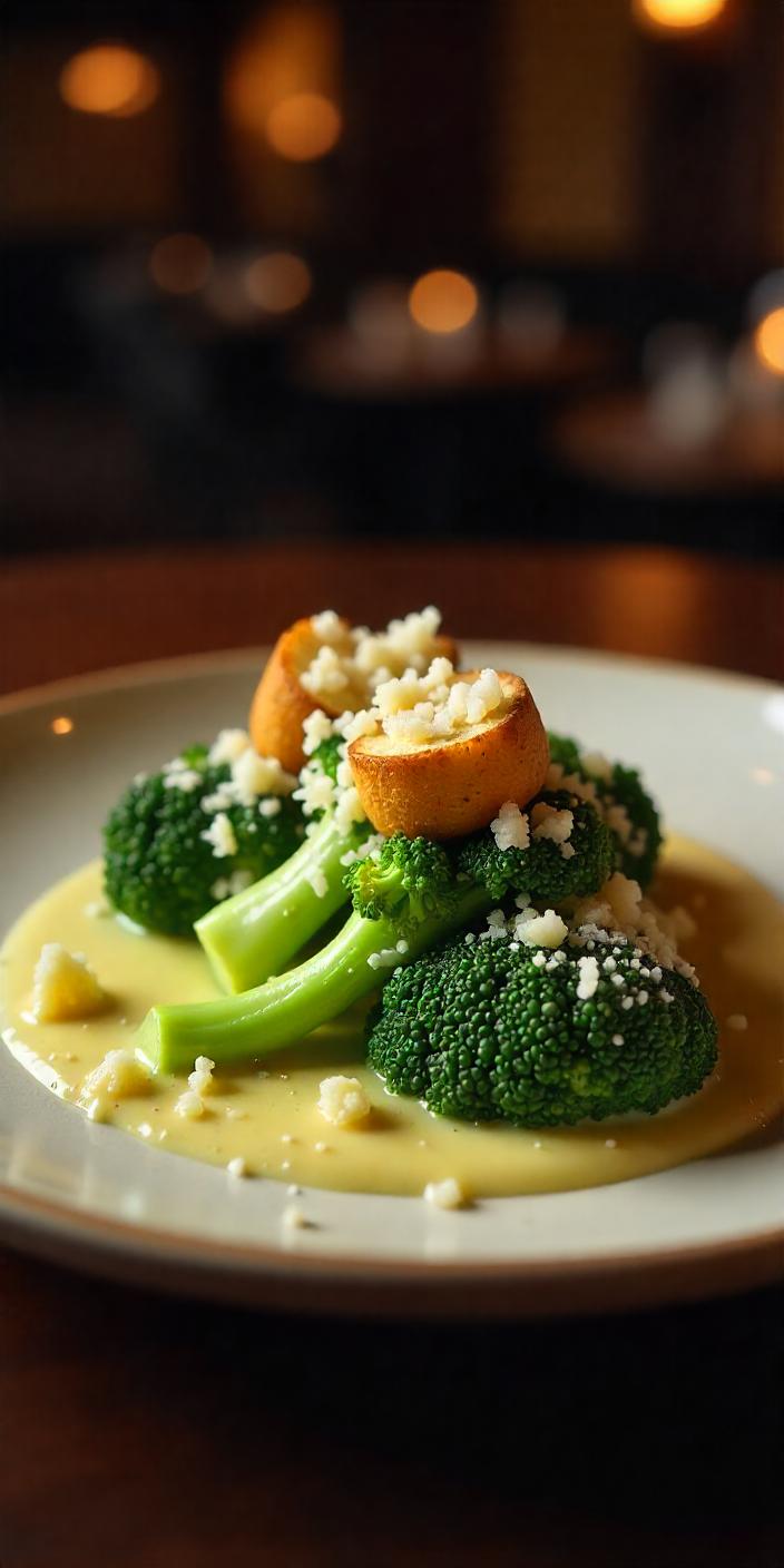 A plate of crispy roasted broccoli tossed in Caesar dressing, garnished with grated Parmesan and croutons.