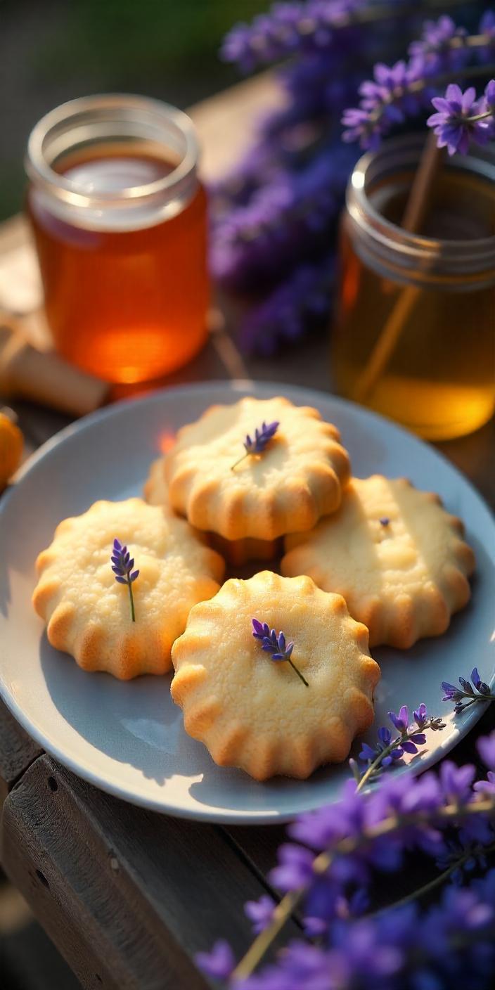 A plate of freshly baked homemade lavender cookies, with a soft golden color and a delicate lavender sprig on top.