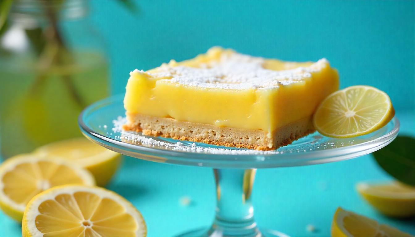 Close-up of a delicious lemon bar with a creamy lemon filling and a buttery crust.