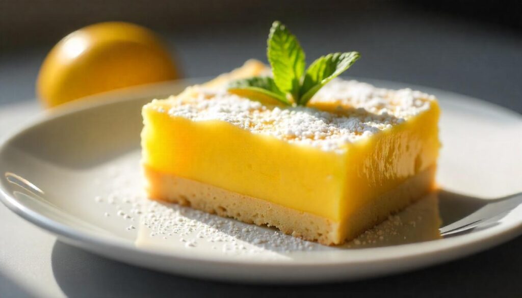 Freshly baked lemon bars with a golden crust and powdered sugar topping on a white plate.