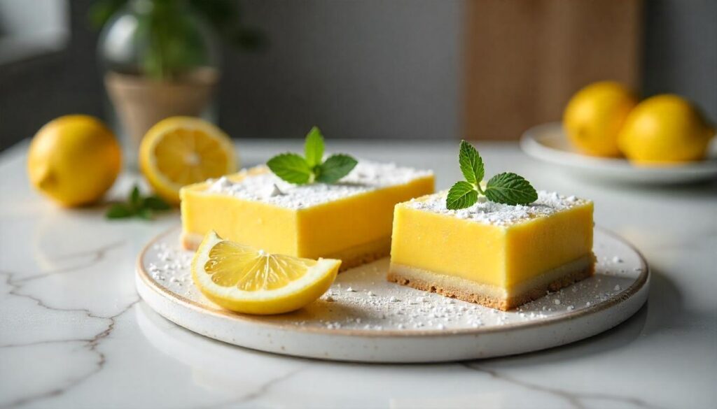 Lemon bars served on a wooden table with a slice cut out, showcasing the soft, custardy center.