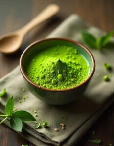 A vibrant green bowl of finely powdered matcha tea, ready to be whisked into a frothy drink.
