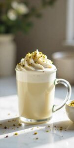 A rich pistachio white hot chocolate in a mug, swirled with whipped cream and a sprinkle of crushed pistachios on top.