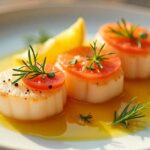 A fresh and vibrant plate of scallop crud, featuring thinly sliced raw scallops topped with citrus, herbs, and a drizzle of olive oil.