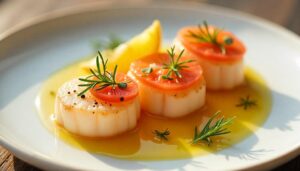 A fresh and vibrant plate of scallop crud, featuring thinly sliced raw scallops topped with citrus, herbs, and a drizzle of olive oil.