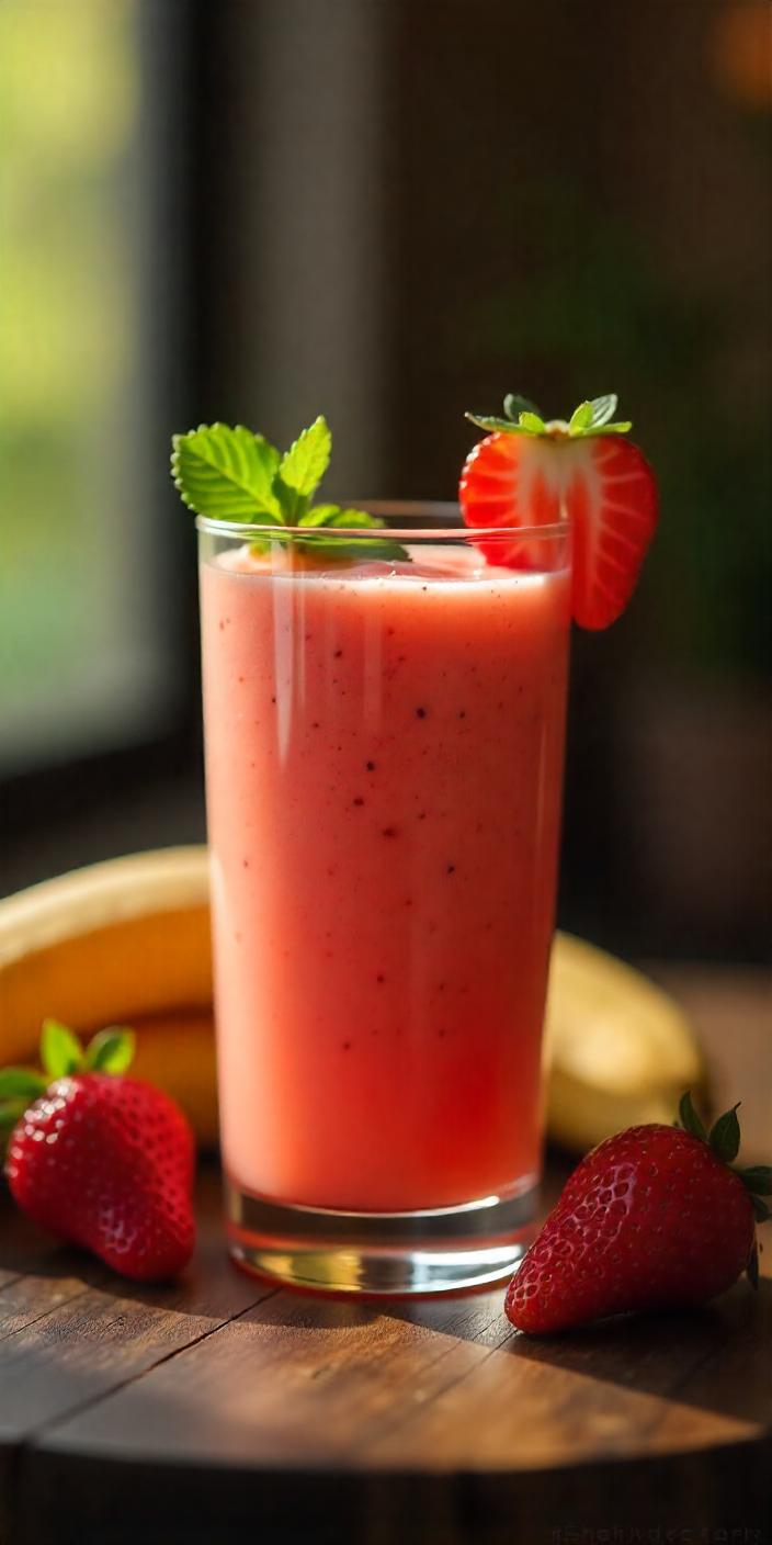 A vibrant and healthy strawberry banana smoothie served in a clear glass, with chunks of fruit and a hint of mint as decoration.