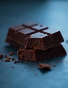 A bar of dark chocolate with a glossy finish, broken into uneven pieces