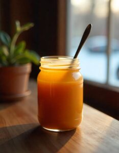 A jar of homemade caramel sauce with a smooth, golden texture and a spoon resting inside.