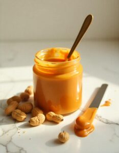 "A jar of creamy homemade peanut butter with a spoon resting inside."