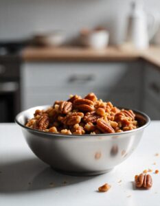 A bowl of homemade pecan crunch with caramelized pecans and a crispy texture.