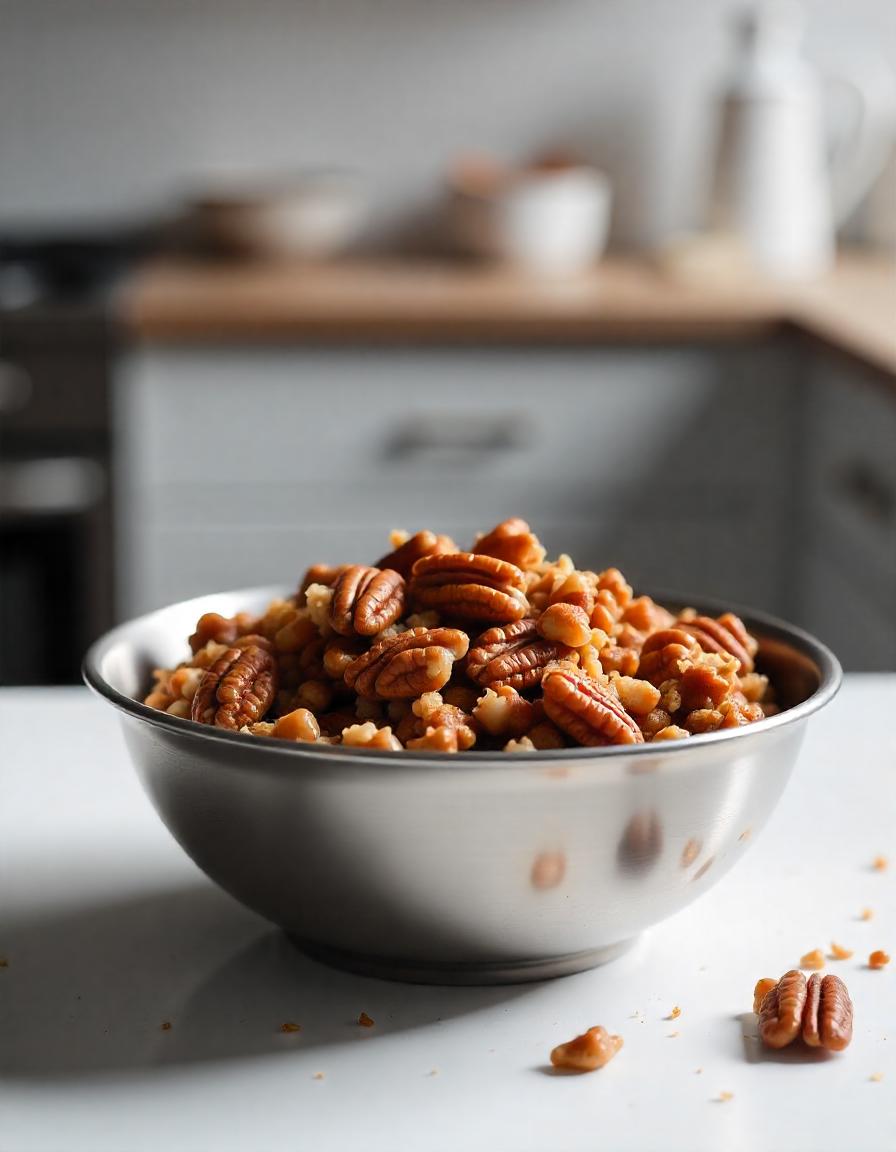 A bowl of homemade pecan crunch with caramelized pecans and a crispy texture.