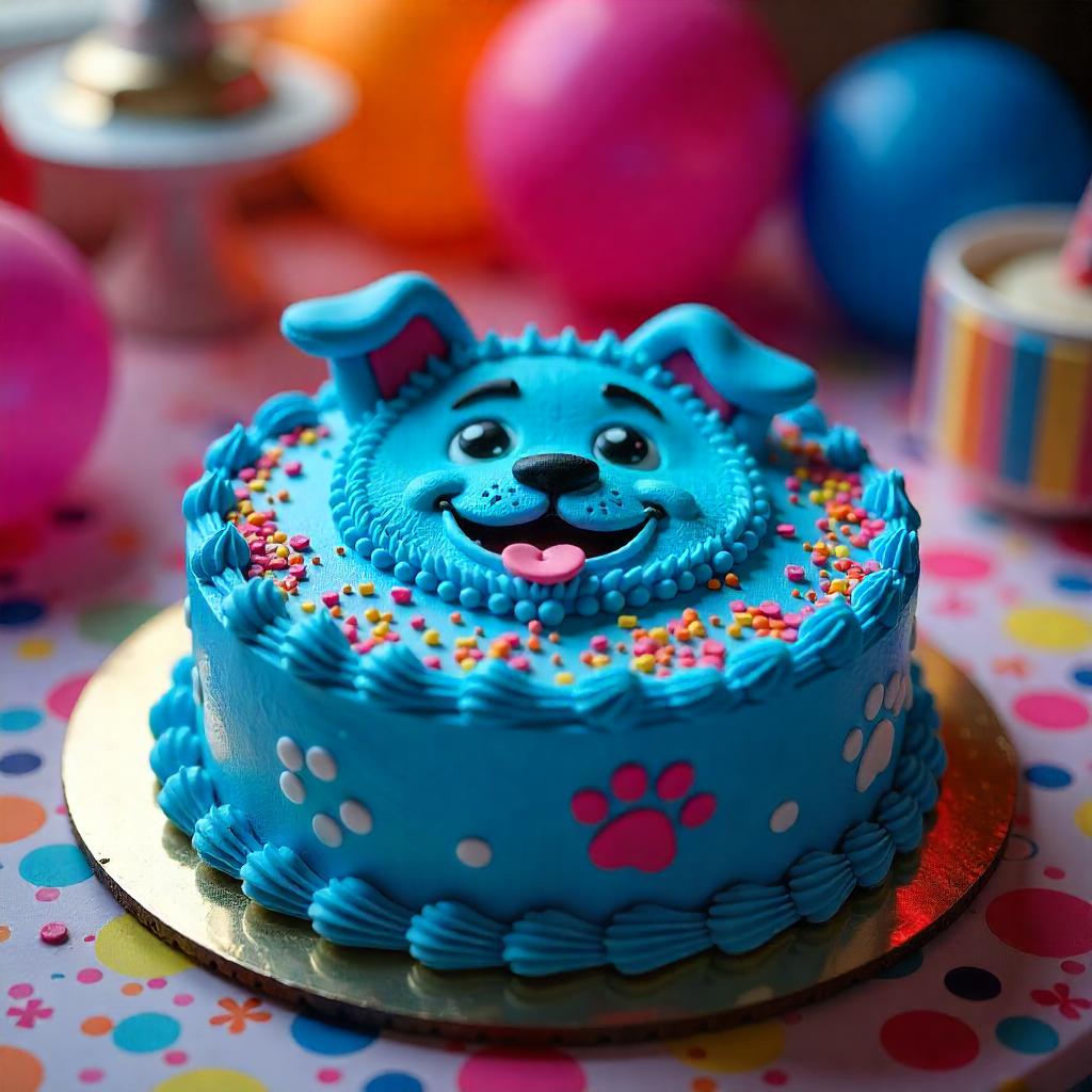 Creative Bluey cake with edible decorations including Bluey’s blue ears, nose, and smiling face for a fun and festive dessert